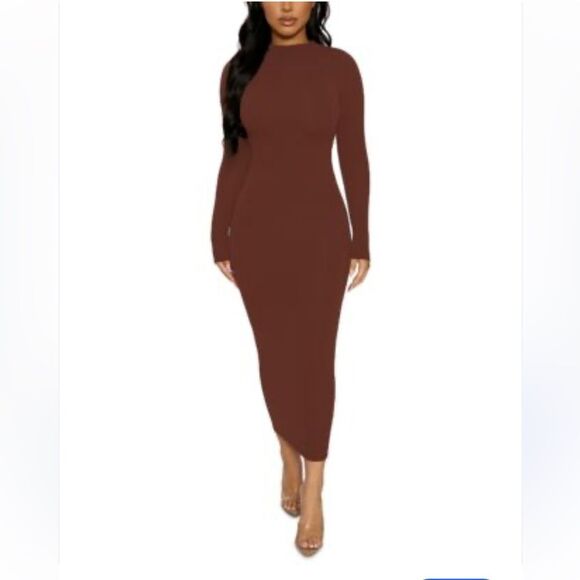 Naked Wardrobe Sculpt Brown Long Sleeve Bodycon Maxi Dress| L - Picture 1 of 8